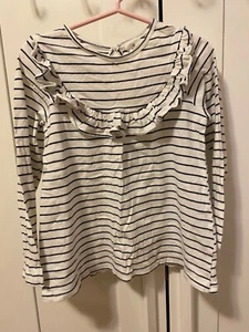 H&M Girls Long Sleeve Ruffle Front Cotton Shirt Size 3-4T White Black Striped - Picture 1 of 8