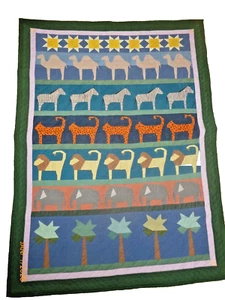 Vintage 1992 Appliqued Animals Crib Quilt Cotton 36x44" Handmade Blanket - Picture 1 of 6