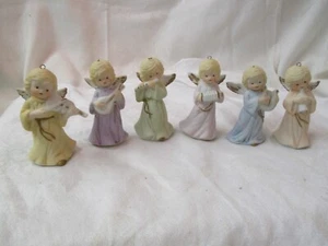 Vintage 6 porcelain miniature Angel Ornaments Playing Musical Instruments - Picture 1 of 8