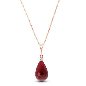 Genuine Ruby 8.8 ct Briolette Gemstone & Diamond Accent Pendant Necklace14K Gold
