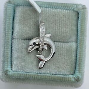0.10Ct Round Cut Moissanite Dolphin Pendant 14K White Gold Plated 18" Free Chain