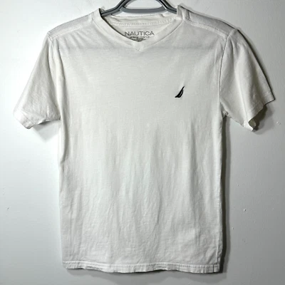 Nautica T-Shirt Boys M 10/12 White V- Neck 100% Cotton Logo Casual Short Sleeve - Image 1 of 4