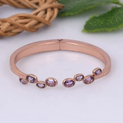 Beautiful Sterling Silver Cuff Bangle Pink Amethyst Bracelet Gift For Friend - Image 1 of 4