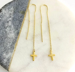 14K Solid Gold Cross Earrings- 70mm / 2.7 Inches Long Threader Earrings - ER1728 - Picture 1 of 9
