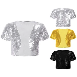 Kids Girls Sparkling Sequin Shrug Short Sleeve Cardigan Bolero Jacket Cover up - Picture 1 of 28