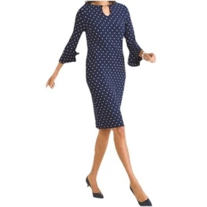 Chico's Navy Blue White Polka Dot Keyhole Neck Bell Sleeve Sheath Dress 3(XL)16 - Picture 1 of 11