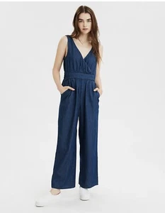 American Eagle Women's Small Jumpsuit Denim Jean Wide Leg Stretch Retro 70s NWT - Picture 1 of 9