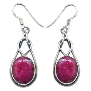 Vintage 925 Sterling Silver Dangle Earrings Celtic Knot Ruby Natural Jewelry - Picture 1 of 12