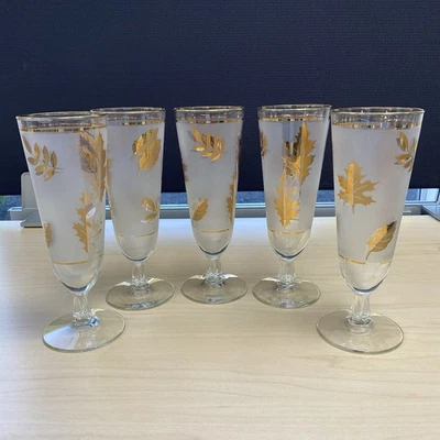 Juego de 5 vasos de cerveza Pilsner esmerilados vintage Libbey hojas doradas follaje Foto 1 de 4