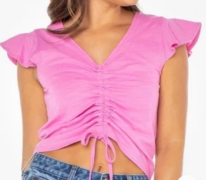 Top para mujer Celebrity rosa medio rosa manga acampanada cuello en V fruncido delantero nuevo con etiquetas - Imagen 1 de 3