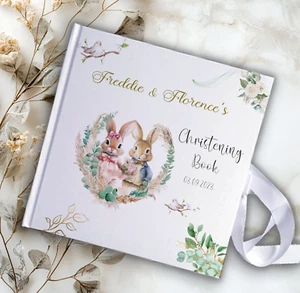 LIBRO DE INVITADOS/ÁLBUM DE RECORTES Twins Rabbit personalizado bautizo - Imagen 1 de 5