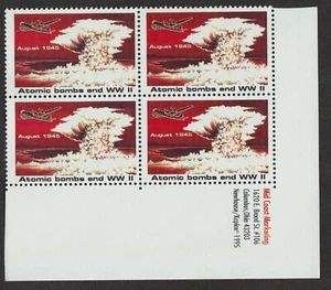 1995 WWII "PLATE" BLOCK," Hiroshima Enola Gay Atomic Bomb US Protest Stamp Label - Picture 1 of 1