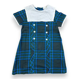 Vtg 60s 70s Cinderella Blue Green Plaid Girls Square Puritan Collar Dress Sz 5 - Picture 1 of 12