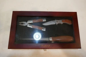 VINTAGE SHEFFIELD MFG. ROSEWOOD & BRASS tools in Case - Picture 1 of 5