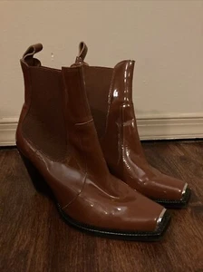Jeffrey Campbell Free People Red Brown Patent Silver Toe Chelsea Boot Size 6.5 - Picture 1 of 3