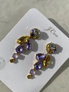 J Crew Lavender /Yellow Rhinestone Earrings Drop Dangle Gold Tone - Picture 1 of 9