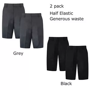 2 Pack Boys Plus Size School Half Elasticated Generous Waist Sturdy Fit Shorts - Picture 1 of 8
