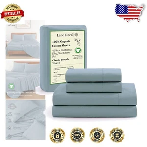 OEKO-TEX Certified California King Sheets, 4-Piece Organic Cotton Set in Blue - Picture 1 of 10