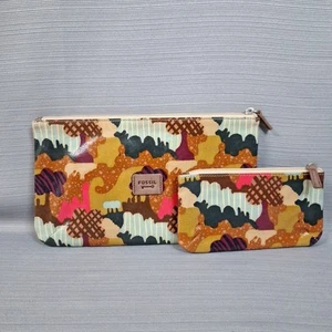 Fossil Key-Per Cosmetic Travel Toiletry Bag 2 Pc Set Zip Colorful Trees Pattern - Picture 1 of 13