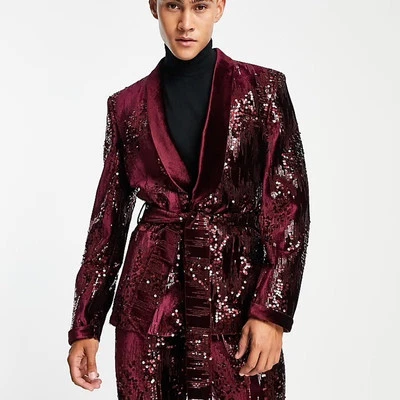 NWT - ASOS DESIGN Skinny Smoking Suit Jacket Red Sequin Statement Piece Size 50” - Image 1 of 4