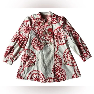 ANTHROPOLOGIE ELEVENSES RED TWEED PEACOAT FLORAL CREAM SIZE 2 WOMENS - Image 1 of 4