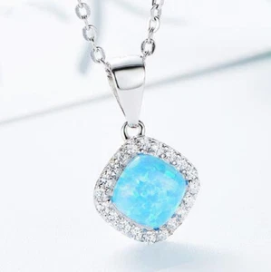 Best Sale Square Blue Fire Opal Gemstone 925 Sterling Silver Necklace Pendants - Picture 1 of 5