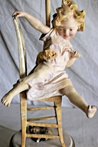 RARE ANTIQUE FRENCH METAL LITTLE GIRL CAT TABLE LAMP CHILD CAST - Picture 1 of 14