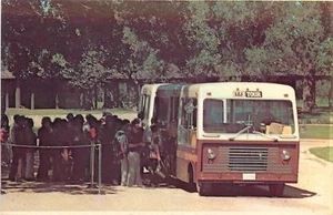 Stonewall TX 1969? Blue Bird Wanderlodge Bus~LBJ Ranch Tourist Riders~Postcard - Picture 1 of 2