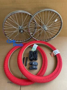 20'' x 1.95 Bike HD Steel Rims Chrome 36 spokes Free Wheel, Red Tires Jump BMX - Picture 1 of 7