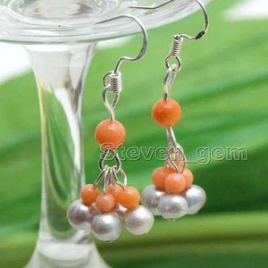 Pendientes de coral colgantes redondos grises de 5-6 mm para mujer con pendientes colgantes rosa - Imagen 1 de 32