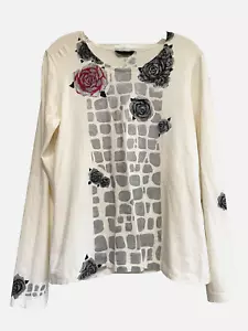 H&M HANDBEMALTES TOP - seltener weißer Baumwollstrickpullover, Langarm, Rosen, med. - Bild 1 von 8