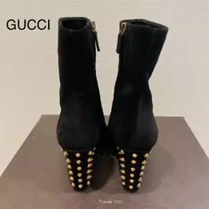 Gucci Boots Heel Studs Suede Black EU37.5/US7.5 31088c - Picture 1 of 24