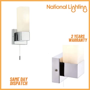 SQUARE LED Wall Light Pull Cord Indoor Lights with Chrome & Frosted Glass Shade - Picture 1 of 8