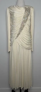 Vintage elfenbeinfarben gerafftes Perlen festliches Kleid drapiert Langarm 80er Glamour 12 USA - Bild 1 von 12