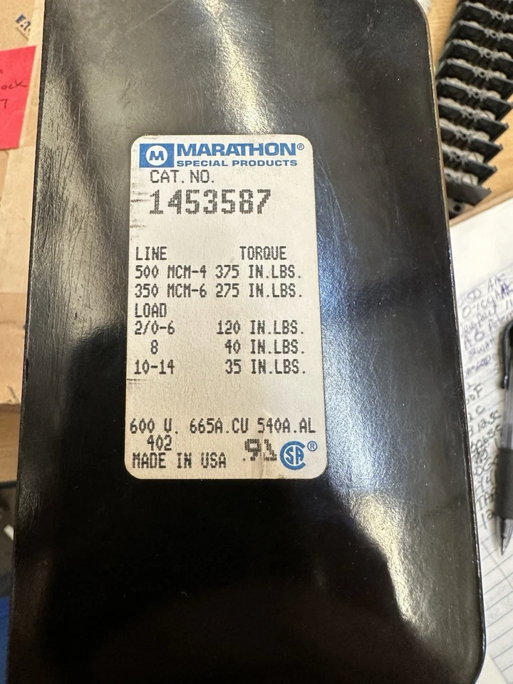 Marathon 1433587 W/ Cover, 380A CU/310A AL, 600V, 3P, PDB, 500KCMIL-#4 X 350-#6 - Image 1 of 1