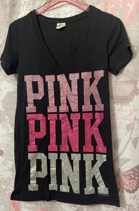 Camisa VICTORIA SECRET Mujer XS Negra Brillo Logo Cuello en V Manga Corta - Imagen 1 de 9