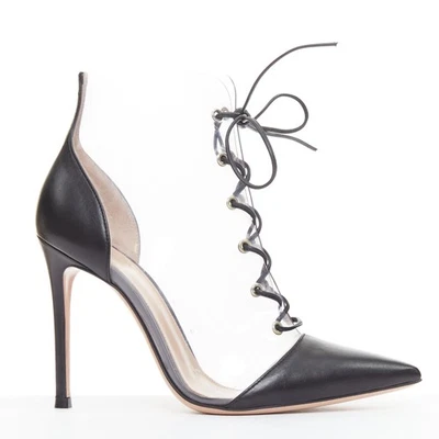 GIANVITO ROSSI прозрачный ПВХ прозрачный черный кожаный носок крышка шнурует вверх лодыжки ботинок EU36 - Изображение 1 из 4