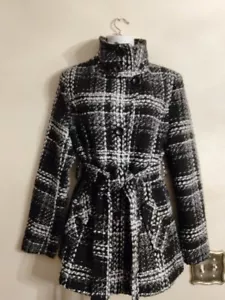 Ci Sono by Cavallini Women Double Breasted Belted Black White Trench Coat Sz L - Picture 1 of 20