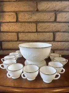 Vintage Milk Glass “GOLD Rim “Punch Bowl With Stand With 12 Cups - Picture 1 of 24