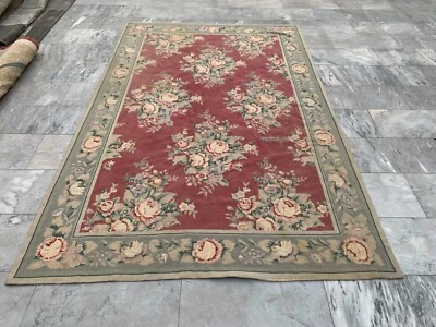 5x8 feet Vintage French Handmade Aubusson Rug Needle Point Floral Wool Kilim Rug - Image 1 of 4