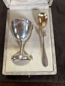 RISLER & CARRE - EGG CUP w Case SILVER & GOLD WASH rare Antique