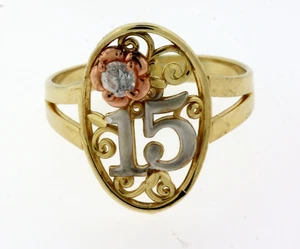 Neu massiver mehrfarbiger 14K Gold süßer 15 Blumen Ring Quinceanera Años Geburtstag - Bild 1 von 5