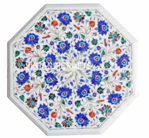 Marble Table Peacock Semiprecious Inlay Work Home Decor Gift 18" Octagonal - Picture 1 of 6
