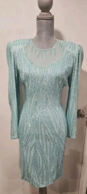 Stenay Sténay 8 码绿松石亮片串珠连衣裙复古 80 年代 — 第 1/4 张图片