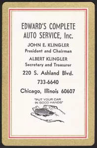 Vintage playing card EDWARDS COMPLETE AUTO SERVICE hand holding car pic Chicago - Picture 1 of 2