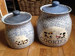 Handmade Cow Crock Canister Cookie Jar Sponge Painted Vintage - Picture 1 of 6