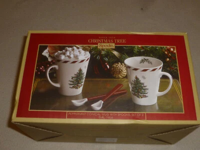 NEW IN BOX SPODE CHRISTMAS TREE PEPPERMINT CONICAL MUG SPOONS SET IF 2  NIB 14OZ - Image 1 of 4