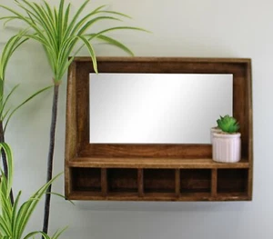 Mango Wood Wall Shelf With Mirror & Storage Slots Country Style Display Decor - Picture 1 of 4