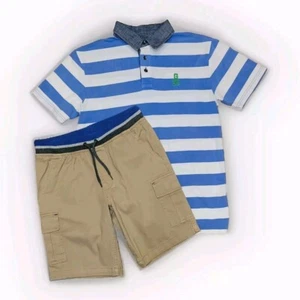 Gap Kids XXL Blue Striped Polo Shirt & Khaki Slip On Cargo Shorts Outfit - Picture 1 of 7