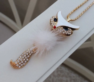 Halskette 70 cm Anhänger Fuchs 8 cm goldfarben Glitzer klar Kunstfell weiß O 18 - Bild 1 von 4